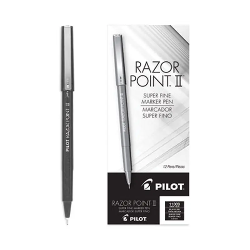 Razor Point II Super Fine Line Porous Point Pen, Stick, Super-Fine 0.2 mm, Black Ink, Black Barrel, Dozen - Pens | Pilot