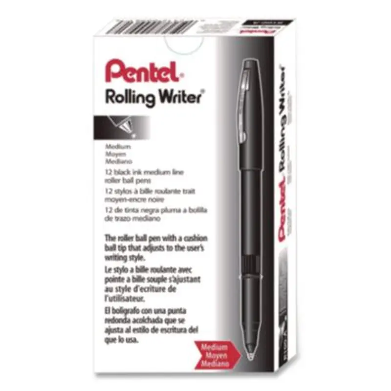Rolling Writer Rollerball Pen, Stick, Medium 0.8 mm, Black Ink, Black Barrel, Dozen - Pens | Pentel