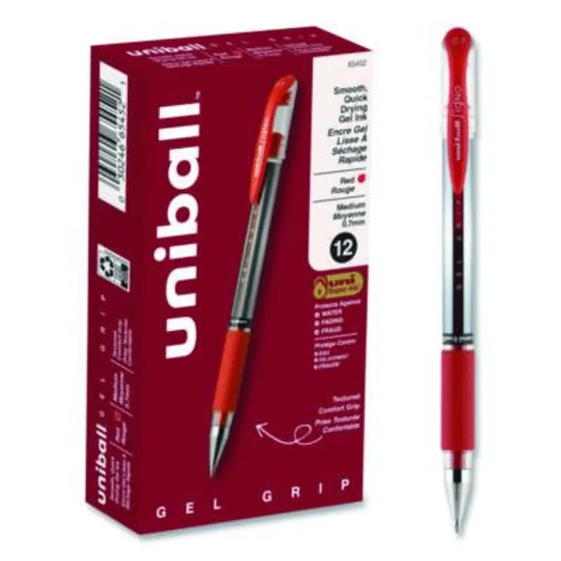 Signo GRIP Gel Pen, Stick, Medium 0.7 mm, Red Ink, Clear/Red/Silver Barrel, Dozen - Pens | uniball