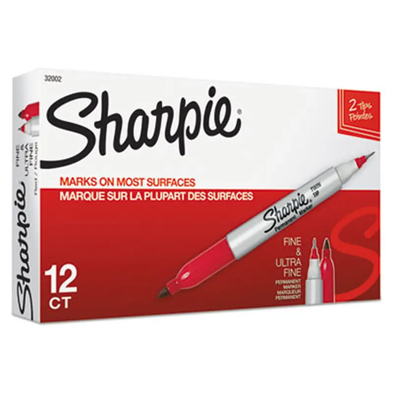 Twin-Tip Permanent Marker, Extra-Fine/Fine Bullet Tips, Red, Dozen - Markers | Sharpie