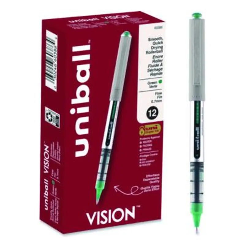 VISION Rollerball Pen, Stick, Fine 0.7 mm, Green Ink, Silver/Green/Clear Barrel, Dozen - Pens | uniball