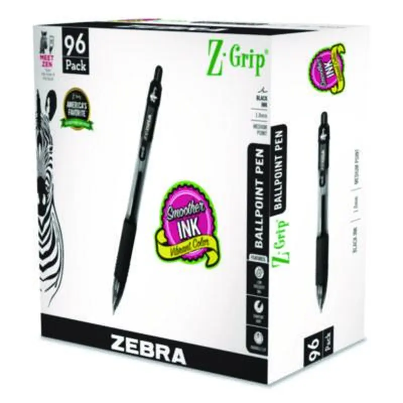 Z-Grip Ballpoint Pen, Retractable, Medium, 1 mm, Black Ink, Clear/Black Barrel, 96/Pack - Pens | Zebra