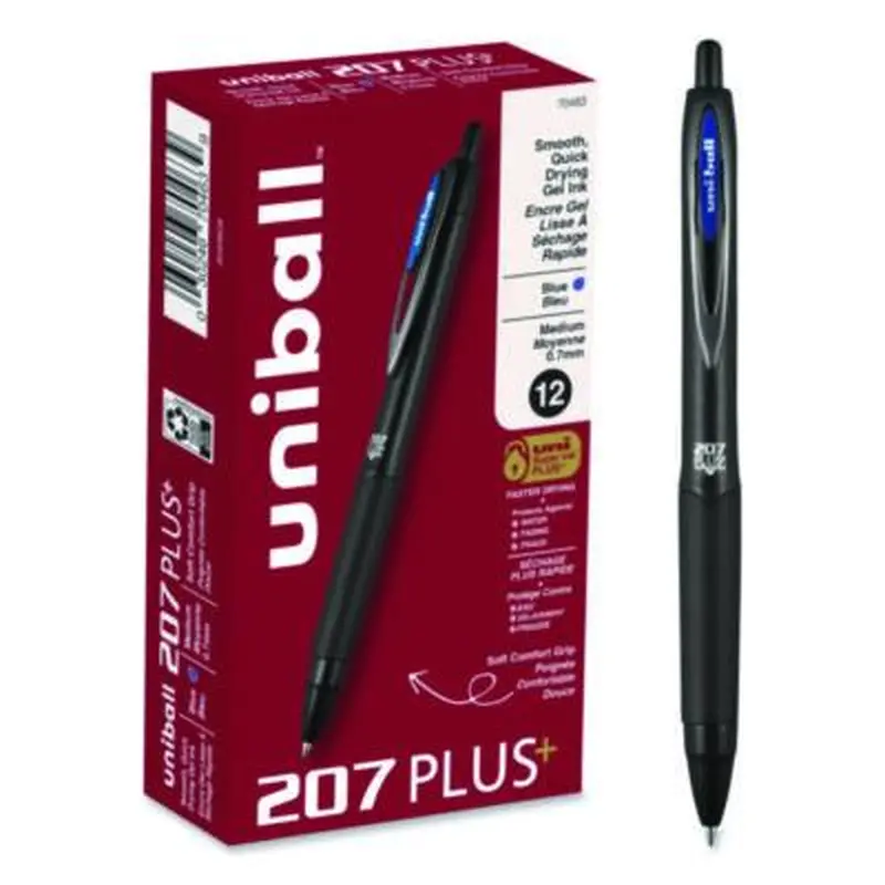 207 Plus  Gel Pen, Retractable, Medium 0.7 mm, Blue Ink, Black Barrel, Dozen - Pens | uniball