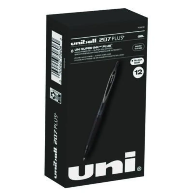 207 Plus  Gel Pen, Retractable, Micro 0.5 mm, Black Ink, Black Barrel, Dozen - Pens | uniball