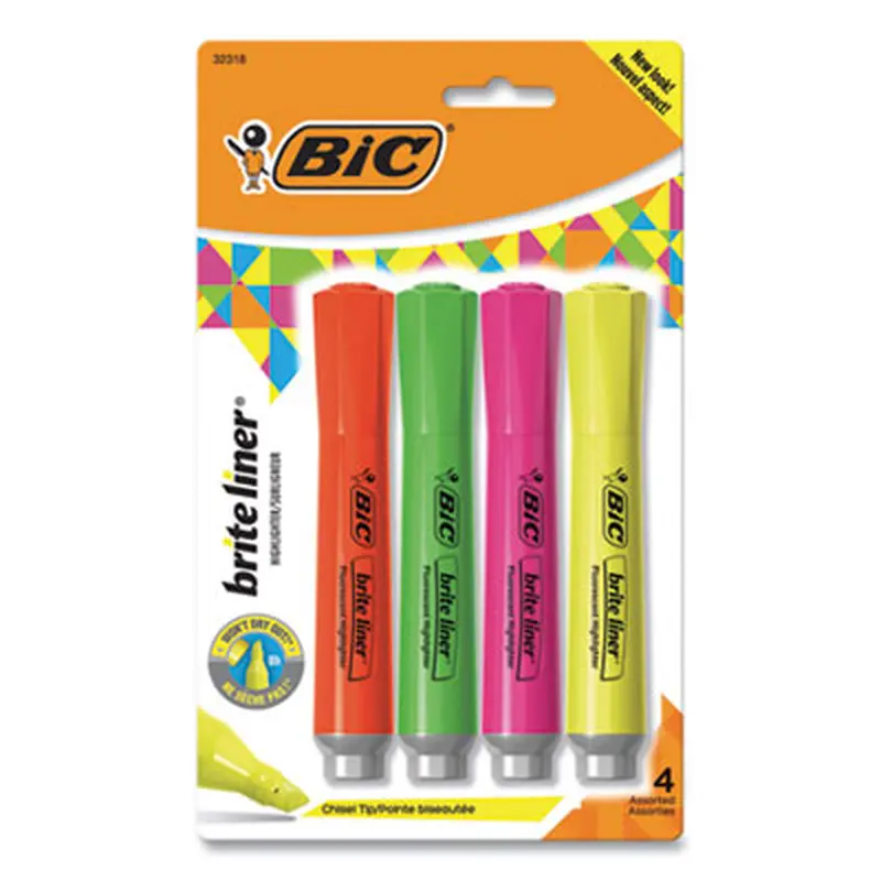 Brite Liner Tank-Style Highlighter, Assorted Ink Colors, Chisel Tip, Assorted Barrel Colors, 4/Set - Highlighters | BIC