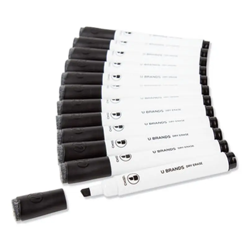 Chisel Tip Low-Odor Dry-Erase Markers with Erasers, Broad Chisel Tip, Black, Dozen - Board Markers | U Brands