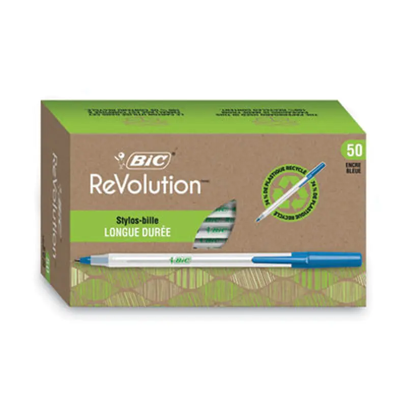 Ecolutions Round Stic Ballpoint Pen Value Pack, Stick, Medium 1 mm, Blue Ink, Clear Barrel, 50/Pack - Pens | BIC