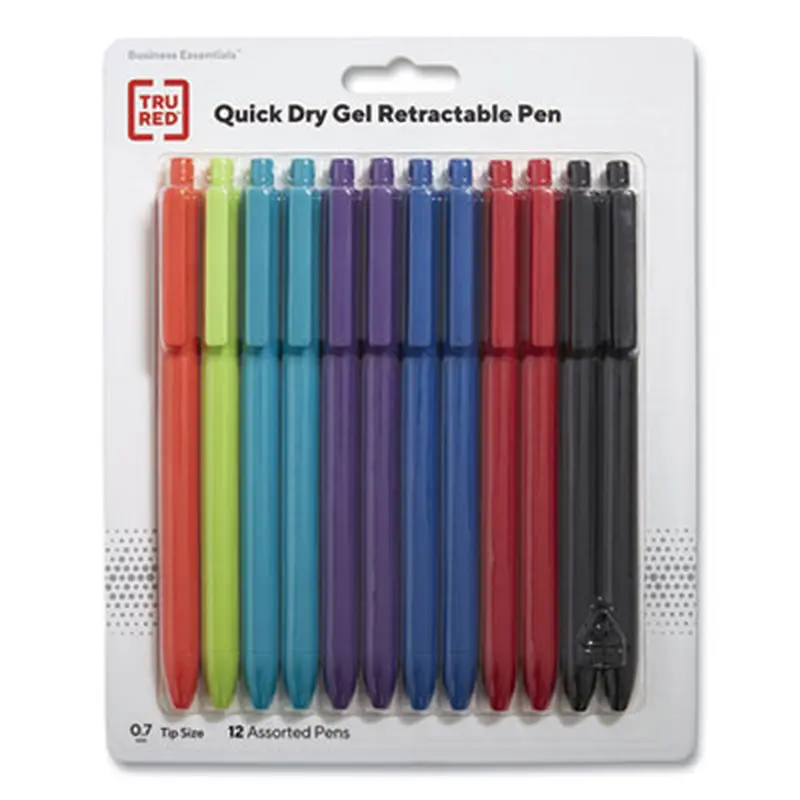 Quick Dry Gel Pen, Retractable, Medium 0.7 mm, Assorted Ink and Barrel Colors, 12/Pack - Pens | TRU RED