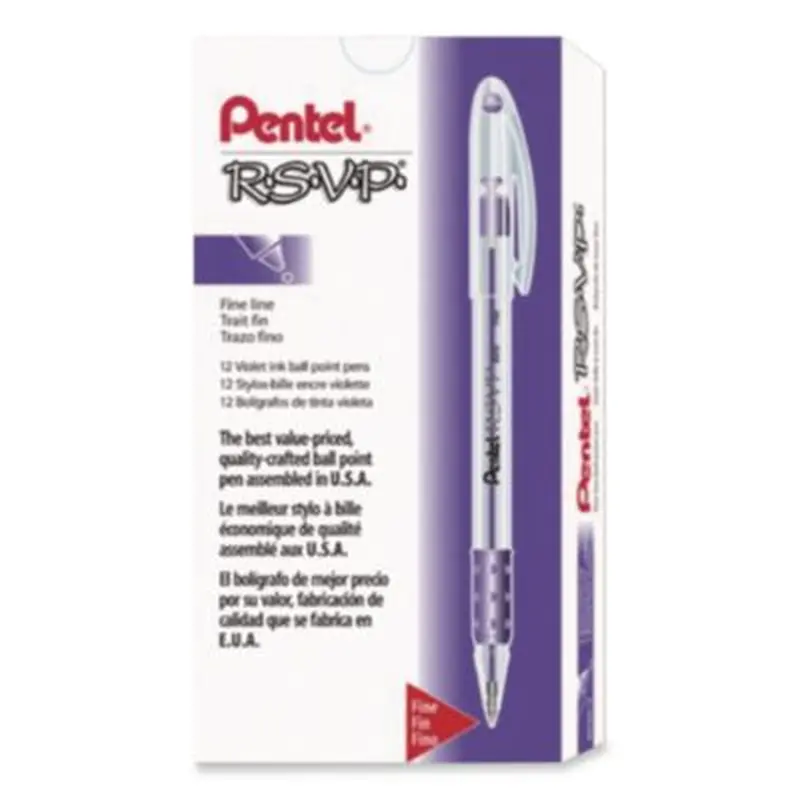 R.S.V.P. Ballpoint Pen, Stick, Fine 0.7 mm, Violet Ink, Clear/Violet Barrel, Dozen - Pens | Pentel
