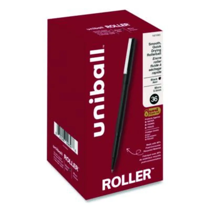 Rollerball Pen, Stick, Extra-Fine 0.5 mm, Black Ink, Black Barrel, 36/Pack - Pens | uniball