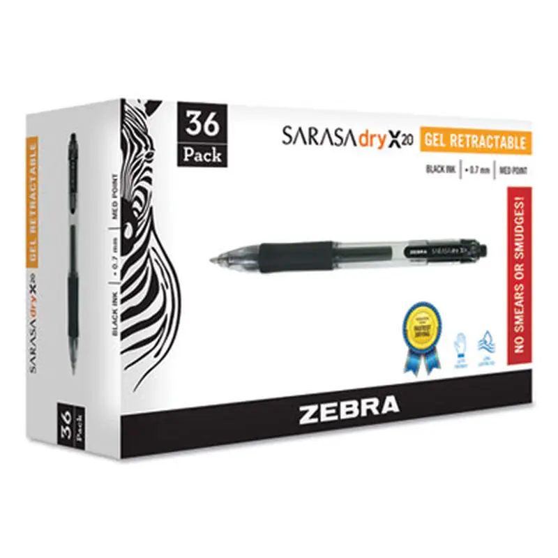 Sarasa Dry Gel X20 Gel Pen, Retractable, Medium 0.7 mm, Black Ink, Clear/Black Barrel, 36/Pack - Pens | Zebra
