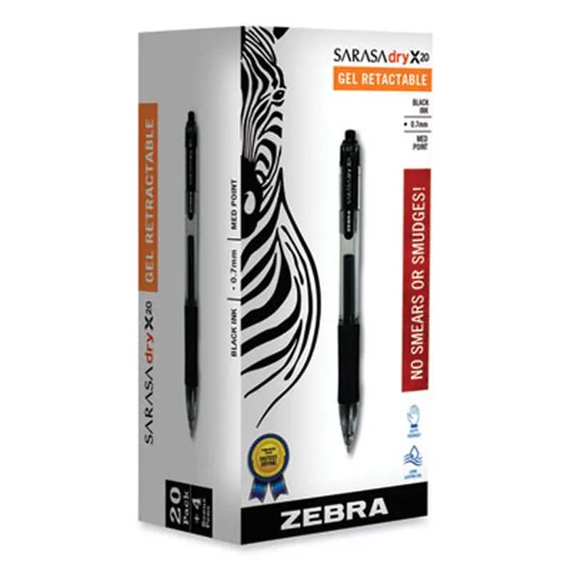 Sarasa Dry Gel X20 Gel Pen Value Pack, Retractable, Medium 0.7 mm, Black Ink, Clear/Black Barrel, 24/Box - Pens | Zebra