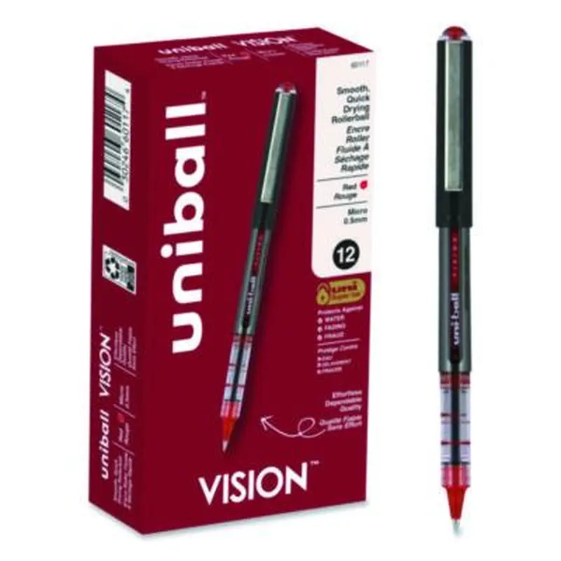 VISION Rollerball Pen, Stick, Extra-Fine 0.5 mm, Red Ink, Gray/Red/Clear Barrel, Dozen - Pens | uniball