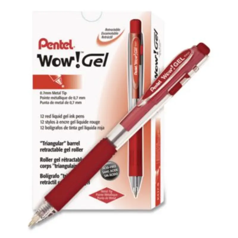 WOW! Gel Pen, Retractable, Medium 0.7 mm, Red Ink, Clear/Red Barrel, Dozen - Pens | Pentel