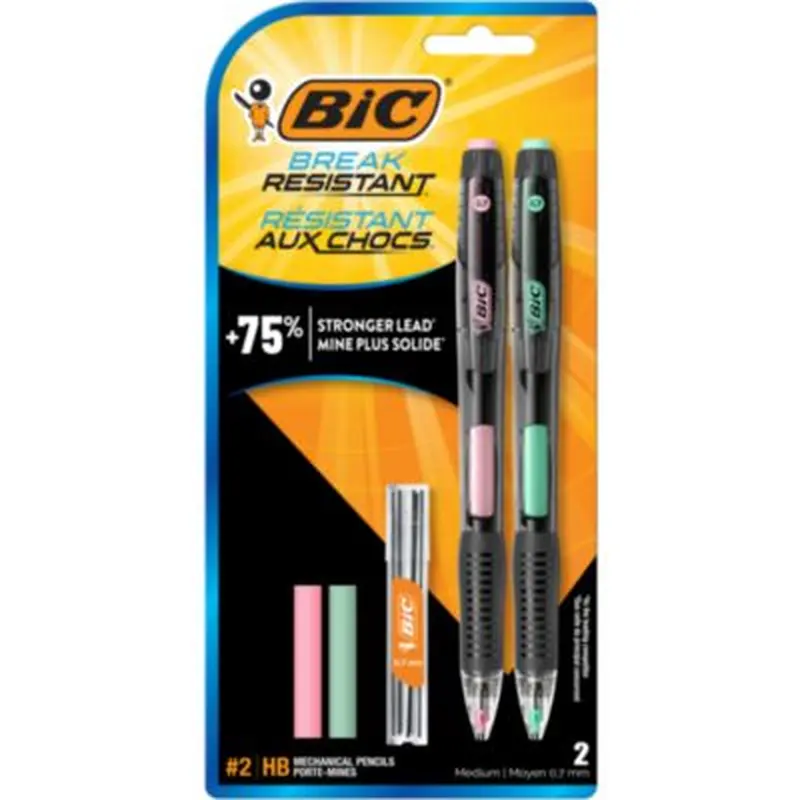 Break-Resistant Mechanical Pencils with Erasers, 0.7 mm, HB (#2), Black Lead, Green and Pink Barrel Colors, 2/Pack - Pencils | BIC