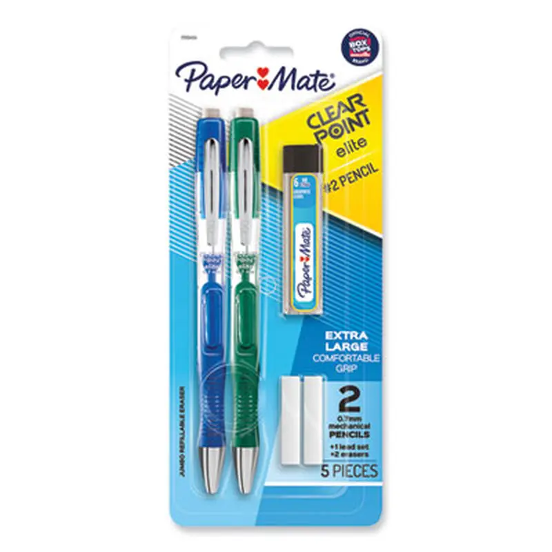 Clearpoint Elite Mechanical Pencils, 0.7 mm, HB (#2), Black Lead, Blue and Green Barrels, 2/Pack - Pencils | Paper Mate
