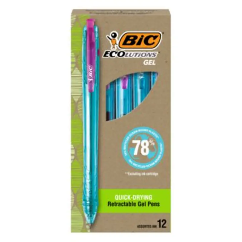 Ecolutions Gel Pen, Retractable, Medium 1 mm, Assorted Ink Colors, Blue Barrel, Dozen - Pens | BIC
