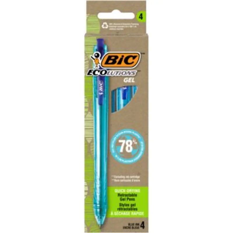 Ecolutions Gel Pen, Retractable, Medium 1 mm, Blue Ink, Blue Barrel, 4/Pack - Pens | BIC