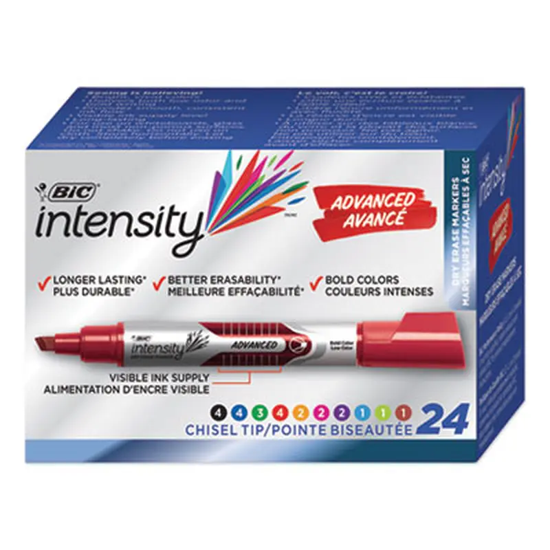 Intensity Advanced Dry Erase Marker, Tank-Style, Broad Chisel Tip, Assorted Colors, 24/Pack - Board Markers | BIC