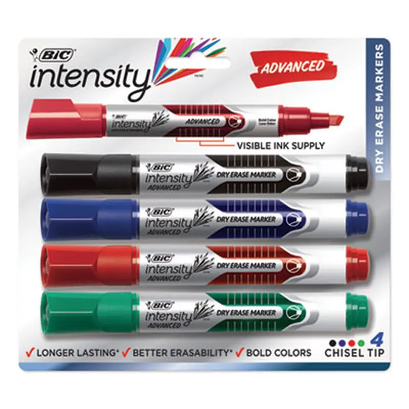 Intensity Advanced Dry Erase Marker, Tank-Style, Broad Chisel Tip, Assorted Colors, 4/Pack - Board Markers | BIC