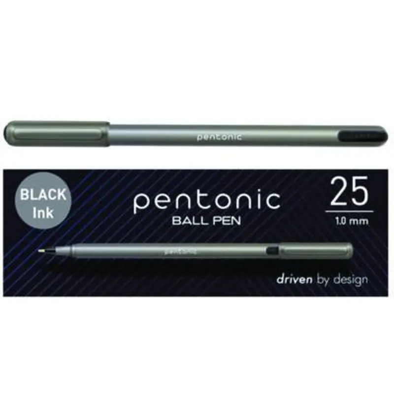 PENTONIC Ballpoint Pen, Stick, Medium 1 mm, Black Ink, Charcoal Gray Barrel, 25/Pack - Pens | TOPS