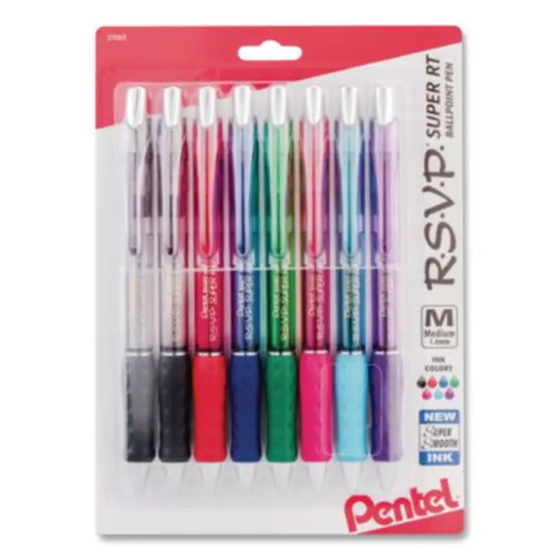 R.S.V.P. Super RT Ballpoint Pen, Retractable, Medium 1 mm, Assorted Ink and Barrel Colors, 8/Pack - Pens | Pentel