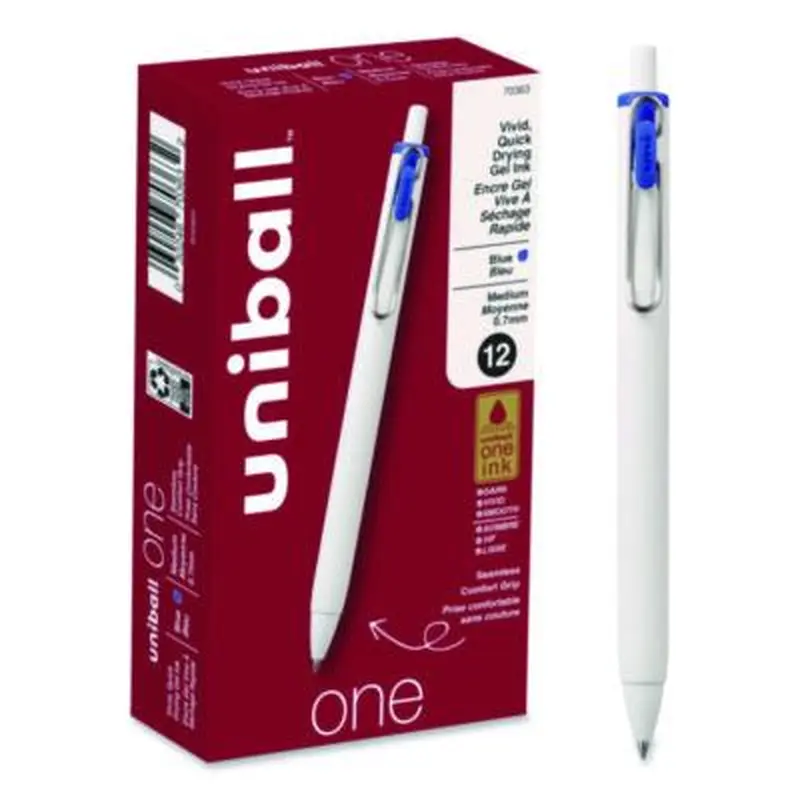 uniONE Gel Pen, Retractable, Medium 0.7 mm, Blue Ink, White/Blue Barrel, Dozen - Pens | uniball