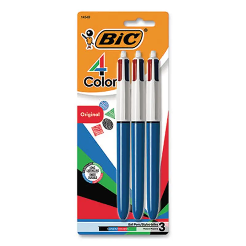4-Color Ballpoint Pen, Retractable, Medium 1 mm, Black/Blue/Green/Red Ink Colors, Randomly Assorted Barrel Colors, 3/PK - Pens | BIC