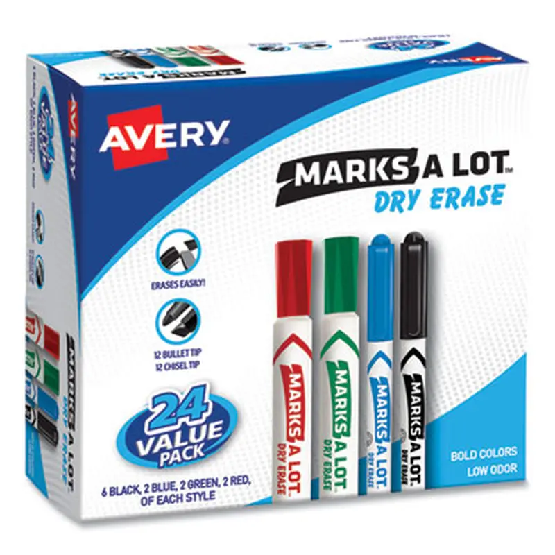 MARKS A LOT Desk/Pen-Style Dry Erase Marker Value Pack, Assorted Broad Bullet/Chisel Tips, Assorted Colors, 24/Pack (29870) - Board Markers | Avery
