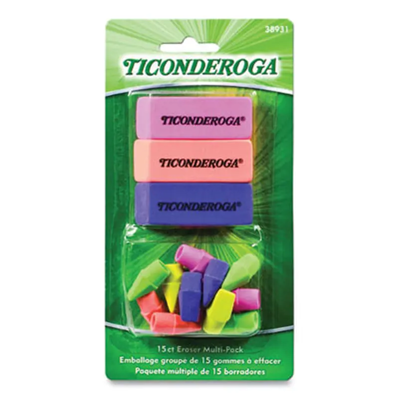 Neon Eraser Multipack, For Pencil Marks, (12) End-Cap Erasers, (3) Block Erasers, Assorted Colors - Pencil & Ink Erasers | Ticonderoga