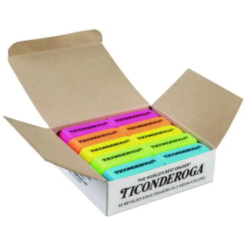 Neon Wedged Block Erasers, For Pencil Marks, Slanted-Edge Rectangular Block, Medium, Assorted Colors, 30/Box - Pencil & Ink Erasers | Ticonderoga