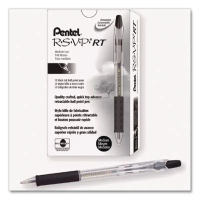 R.S.V.P. Super RT Ballpoint Pen, Retractable, Medium 1 mm, Black Ink, Clear/Black Barrel, Dozen - Pens | Pentel