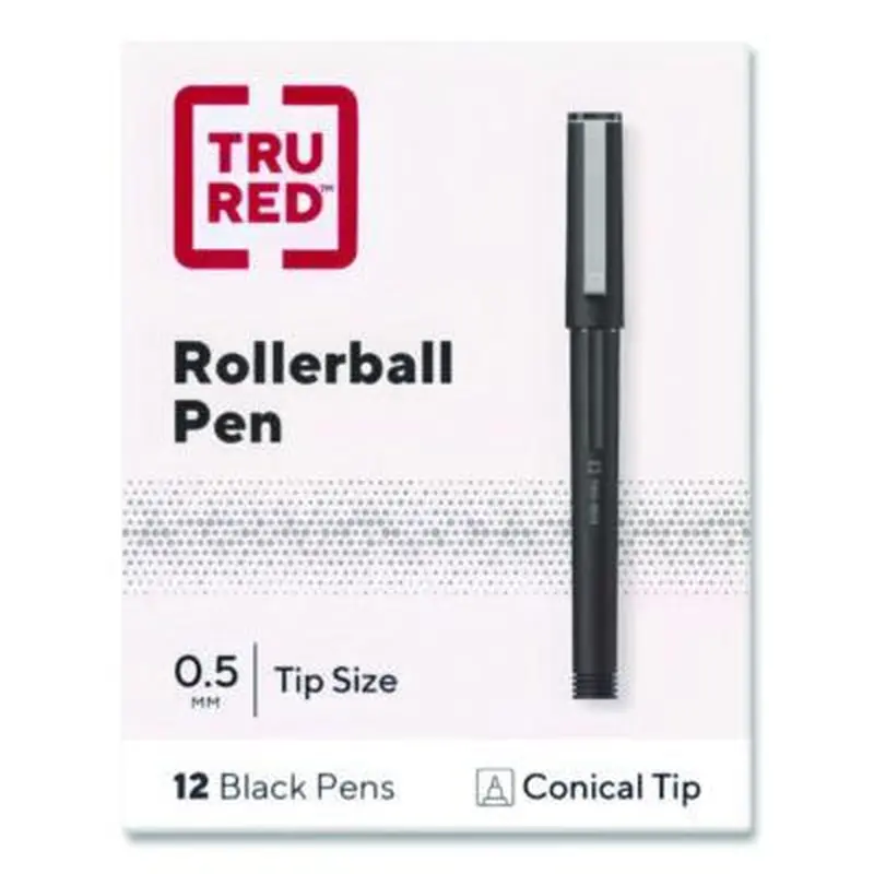 Rollerball Pen, Stick, Fine 0.5 mm, Black Ink, Black/Clear Barrel, Dozen - Pens | TRU RED