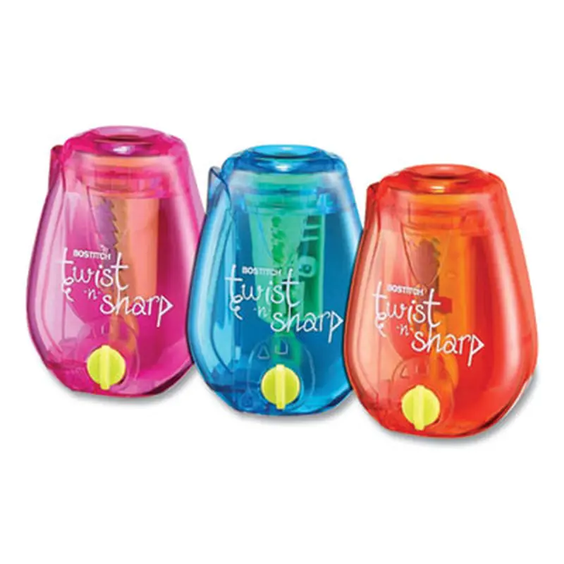 Twist-n-Sharp Pencil Sharpener, One-Hole, 3.5 x 1.25 x 5.5, Randomly Assorted Colors, 3/Box - Pencil & Crayon Sharpeners | Bostitch