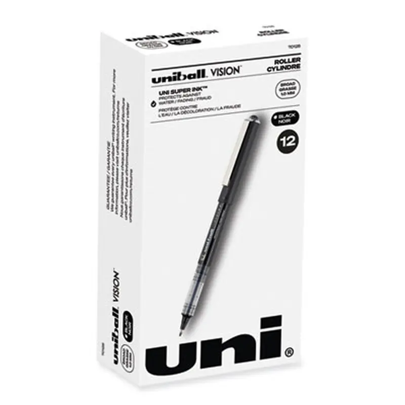 VISION Rollerball Pen, Stick, Bold 1 mm, Black Ink, Gray/Black/Clear Barrel, Dozen - Pens | uniball