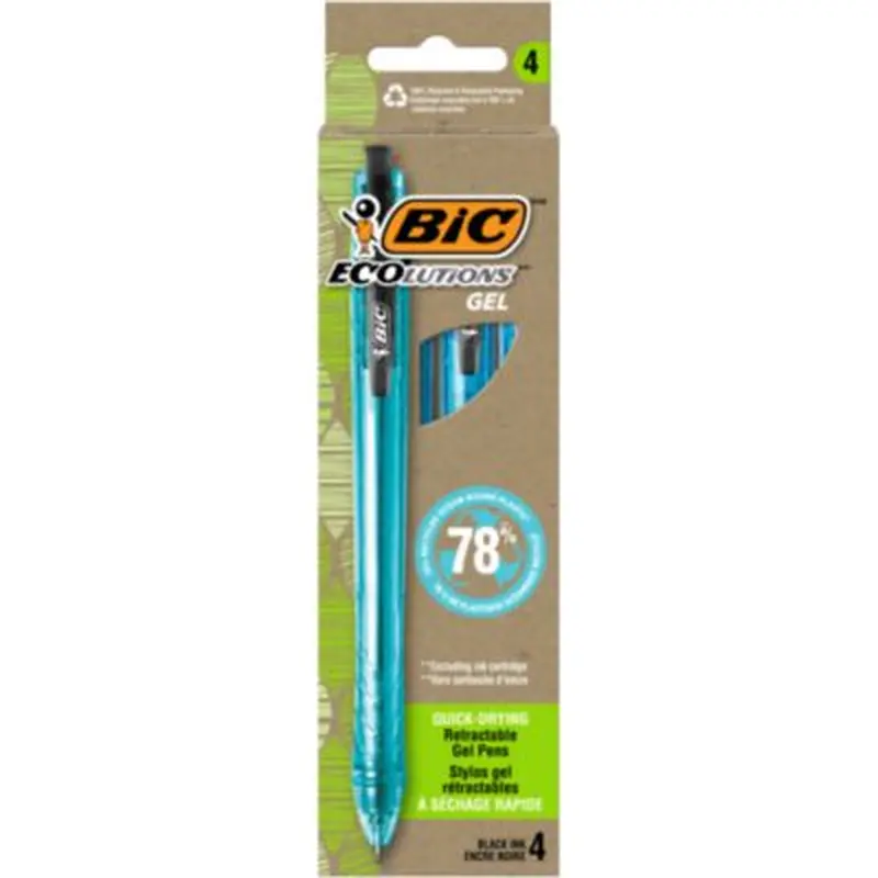 Ecolutions Gel Pen, Retractable, Medium 1 mm, Black Ink, Blue Barrel, 4/Pack - Pens | BIC