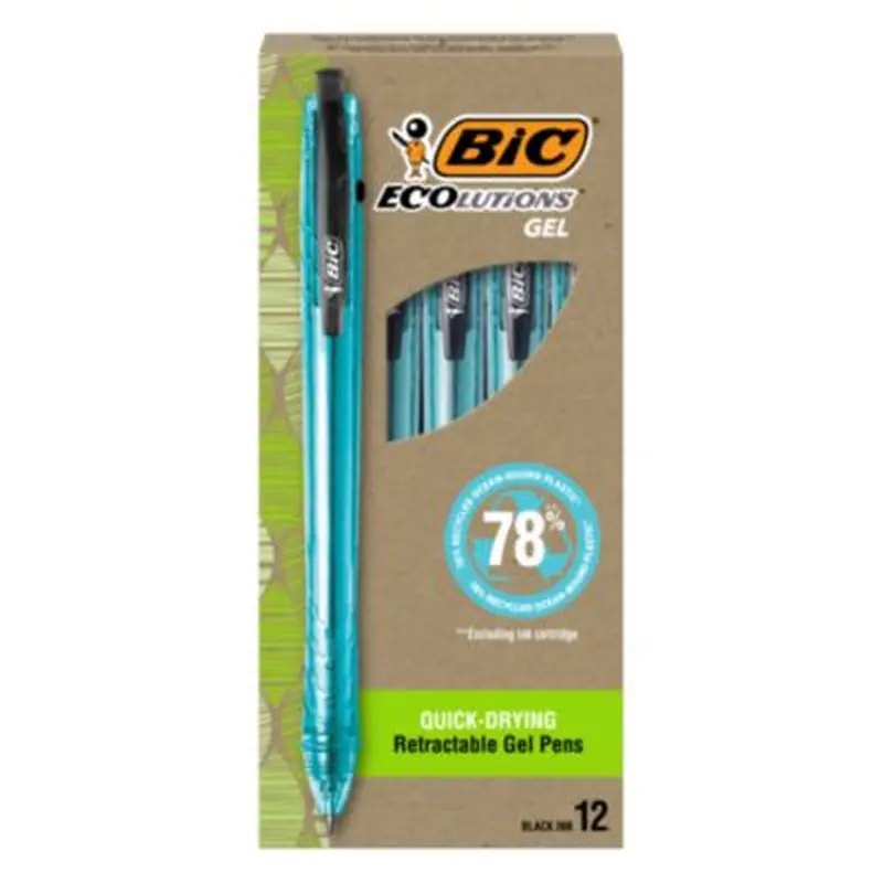 Ecolutions Gel Pen, Retractable, Medium 1 mm, Black Ink, Blue Barrel, Dozen - Pens | BIC