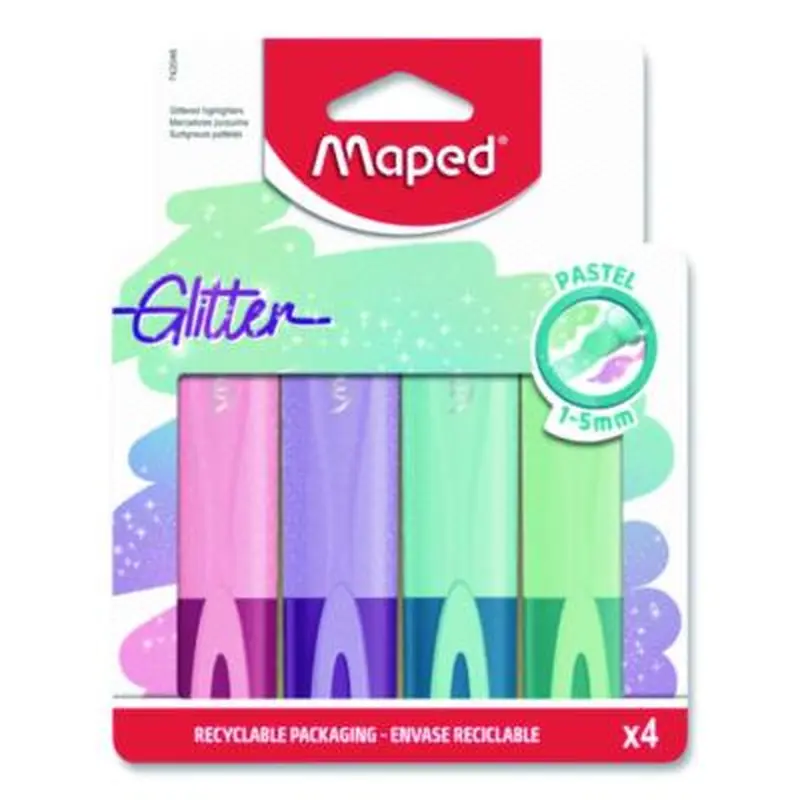 Fluo Peps Pastel Glitter Highlighter, Assorted Ink, Chisel Tip, Assorted Barrel, 4/Pack - Highlighters | Maped Helix