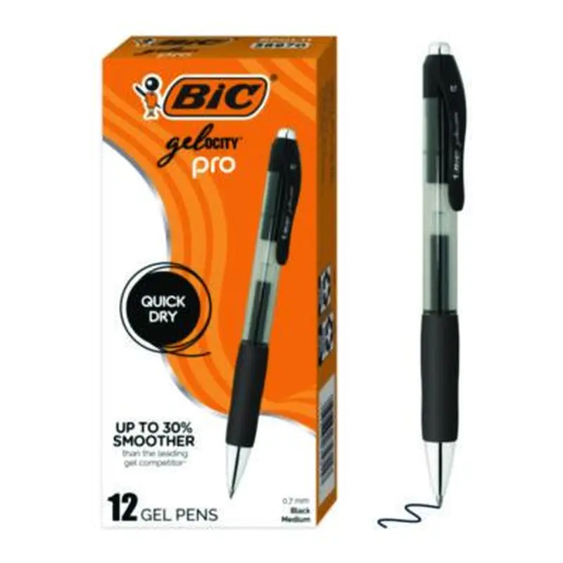 Gel-ocity Pro Quick Dry Gel Pen, Retractable, Medium 0.7 mm, Black Ink, Black/Clear Barrel, 12/Pack - Pens | BIC