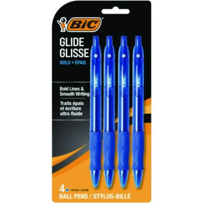 GLIDE Bold Ballpoint Pen, Retractable, Bold 1.6 mm, Blue Ink, Translucent Blue Barrel, 4/Pack - Pens | BIC