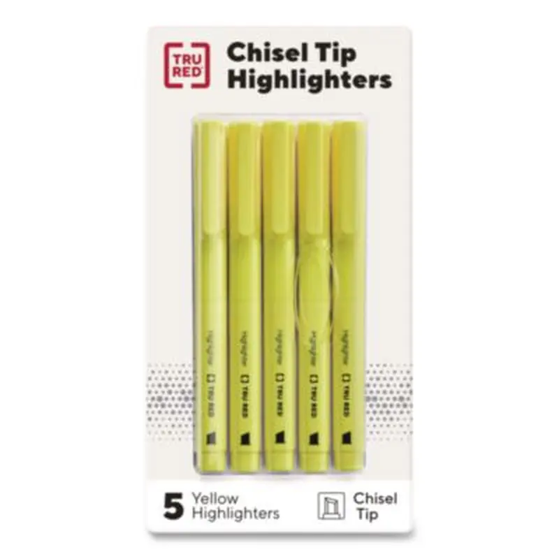 Pen Style Chisel Tip Highlighter, Yellow Ink, Chisel Tip, Yellow Barrel, 5/Pack - Highlighters | TRU RED