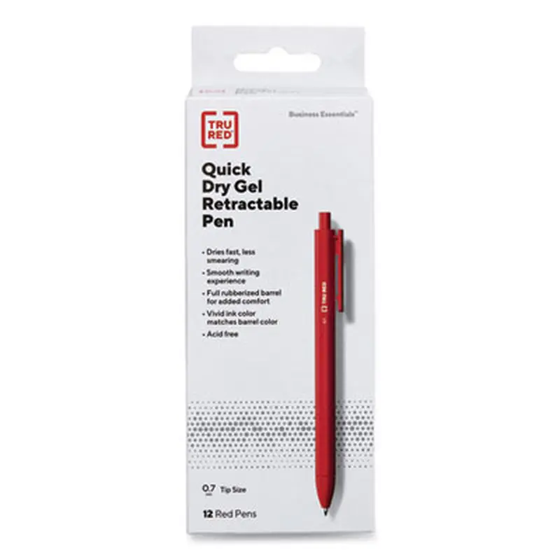Quick Dry Gel Pen, Retractable, Medium 0.7 mm, Red Ink, Red Barrel, Dozen - Pens | TRU RED