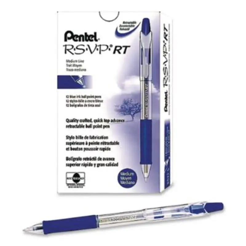 R.S.V.P. Super RT Ballpoint Pen, Retractable, Medium 0.7 mm, Blue Ink, Translucent Blue/Blue Barrel, Dozen - Pens | Pentel