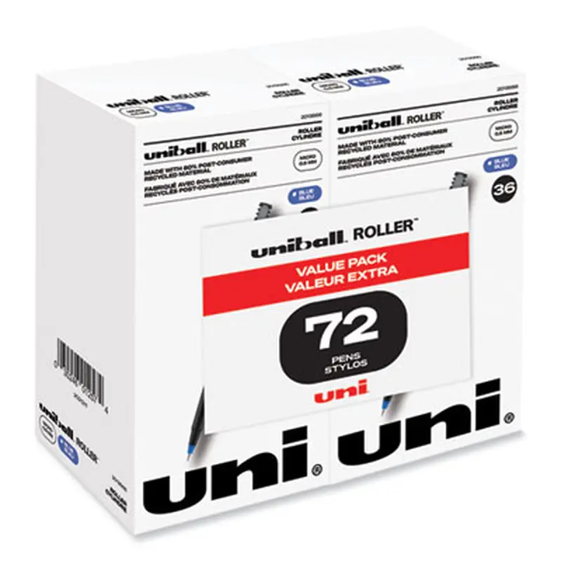 Rollerball Pen, Stick, Extra-Fine 0.5 mm, Blue Ink, Black/Blue Barrel, 72/Pack - Pens | uniball