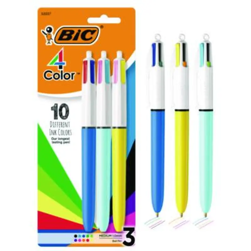 4-Color Multi-Color Ballpoint Pen, Retractable, Medium 1 mm, Assorted Ink and Barrel Colors, 3/Pack - Pens | BIC