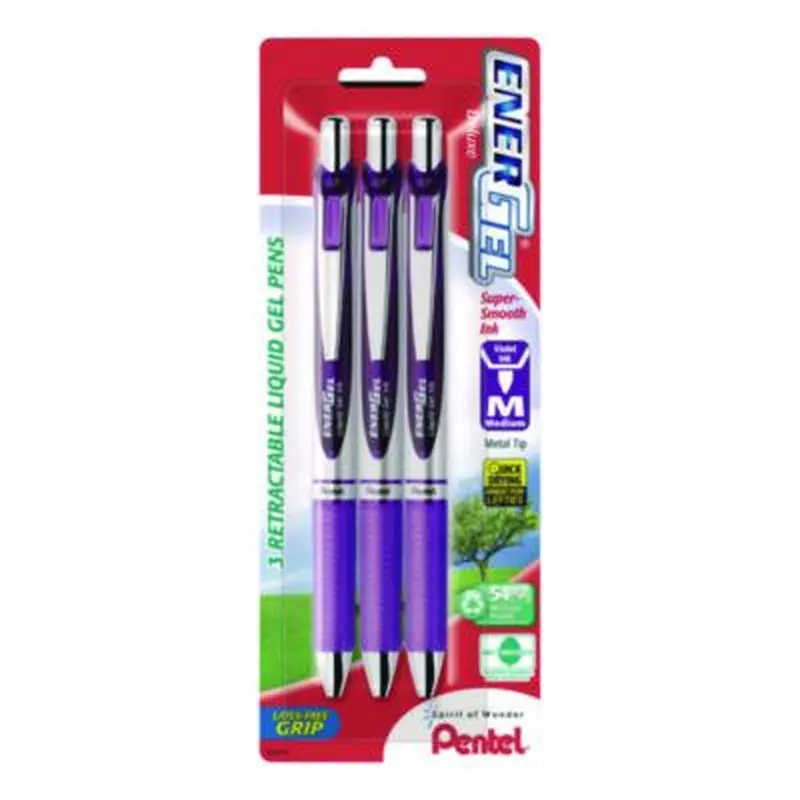 EnerGel RTX Deluxe Gel Pen, Retractable, Medium 0.7 mm, Purple Ink, Purple/Silver Barrel, 3/Pack - Pens | Pentel