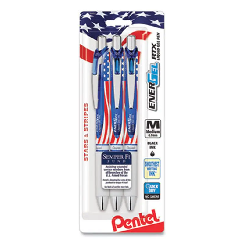 EnerGel RTX Stars and Stripes Gel Pen, Retractable, Medium 0.7 mm, Black Ink, Red/White/Blue Barrel, 3/Pack - Pens | Pentel