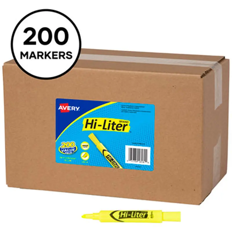 HI-LITER Desk-Style Highlighters, Fluorescent Yellow Ink, Chisel Tip, Yellow/Black Barrel, 200/Box - Highlighters | Avery