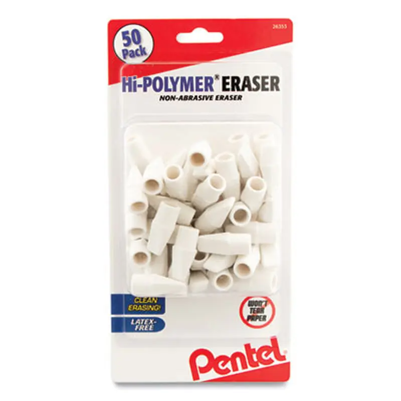 Hi-Polymer Cap Eraser, For Pencil Marks, White, 50/Pack - Pencil & Ink Erasers | Pentel