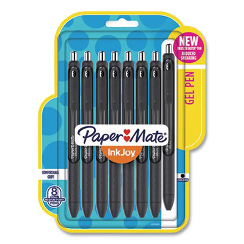 InkJoy Gel Pen, Retractable, Medium 0.7 mm, Black Ink, Black/Smoke Barrel, 8/Pack - Pens | Paper Mate